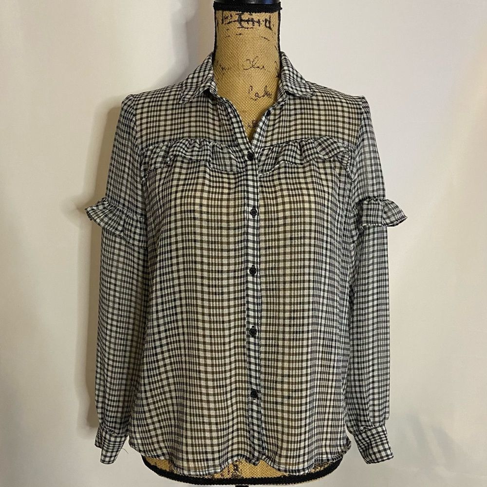 DIVIDED by H&M Black and White Plaid Sheer Long Sleeves Button-Up Blouse